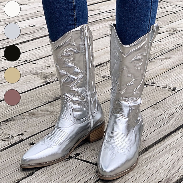  Damen Stiefel Cowboy Westernstiefel Metallische Stiefel Übergrössen Outdoor Arbeit Stickerei Stiefel mit mittlerer Wade Winter Reißverschluss Blockabsatz Spitze Zehe Vintage Modisch luxuriös