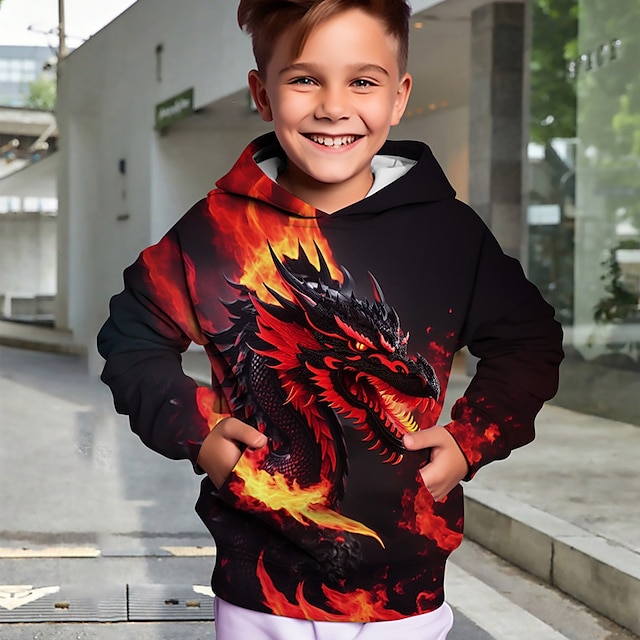  Boys 3D Animal Dragon Hoodie Pullover Long Sleeve 3D Print Fall Winter Fashion Streetwear Cool Polyester Kids 3-12 Years Outdoor Casual Daily Regular Fit