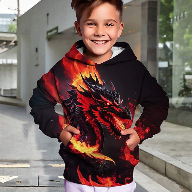  Jungen 3D Tier Drache Kapuzenshirt Pullover Langarm 3D-Druck Herbst Winter Modisch Strassenmode Cool Polyester kinderkleidung 3-12 Jahre Outdoor Casual Täglich Regular Fit