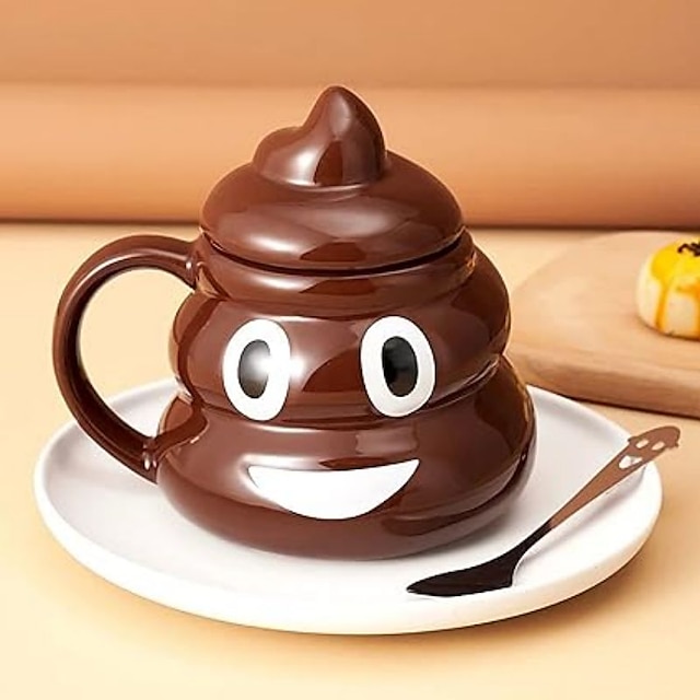 Забавная керамическая кружка с какашками, мультяшная улыбка, кружка для кофе, молока, фарфоровая чашка для воды с ручкой, крышка, чашка для чая, офисная посуда