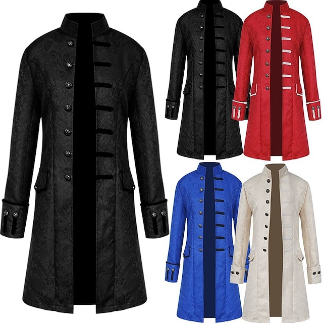  Miesten Päällystakki Peacoat Takki Suoritus Juhlat / Ilta Vintage-tyyli Kevät Syksy Erikoiskuvio Antiikki Vintage retro Pitkä Jacquard keskiaikainen miesten vaatteet [valkoinen] Jacquard