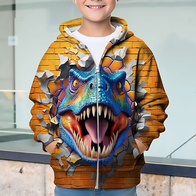  Pojkar 3D Dinosaurie Huvtröja Kappa Ytterkläder Långärmad 3D-tryck Höst Vinter Mode Streetwear Häftig Barn 3-12 år Utomhus Ledigt Dagligen Normal
