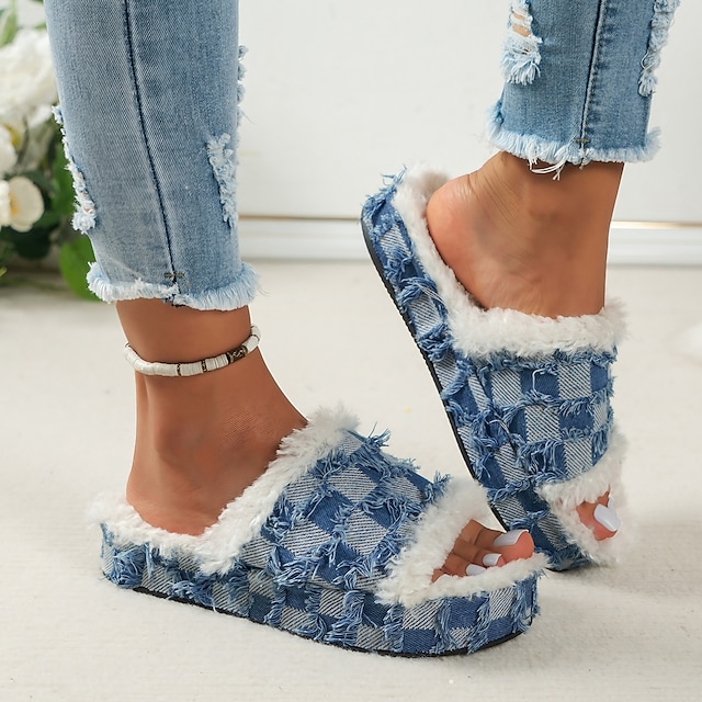  Women's Slippers Fuzzy Slippers Fluffy Slippers Warm Slippers Work Daily Check Winter Flat Heel Round Toe Elegant Punk Canvas Denim Loafer White / Blue Blue