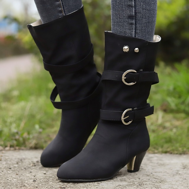  Women's Boots Outdoor Daily Motorcycle Boots Slouchy Boots Plus Size Winter Fleece Lined Knee High Boots Buckle Zipper Round Toe Cone Heel Chunky Heel Vintage Classic Casual Zipper PU Solid Color