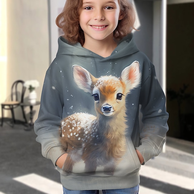  Толстовка с капюшоном и 3D оленем для девочек, пуловер с длинными рукавами и 3D принтом животных, мультфильм, осень зима, активный, модный, милый, полиэстер, для детей 3–12 лет, на открытом воздухе,