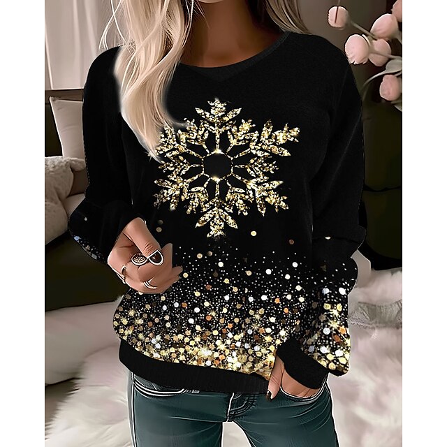  Women's Pullover Christmas Sweatshirt Active Sports Black Snowflake Christmas Casual Round Neck Top Long Sleeve Fall & Winter Micro-elastic