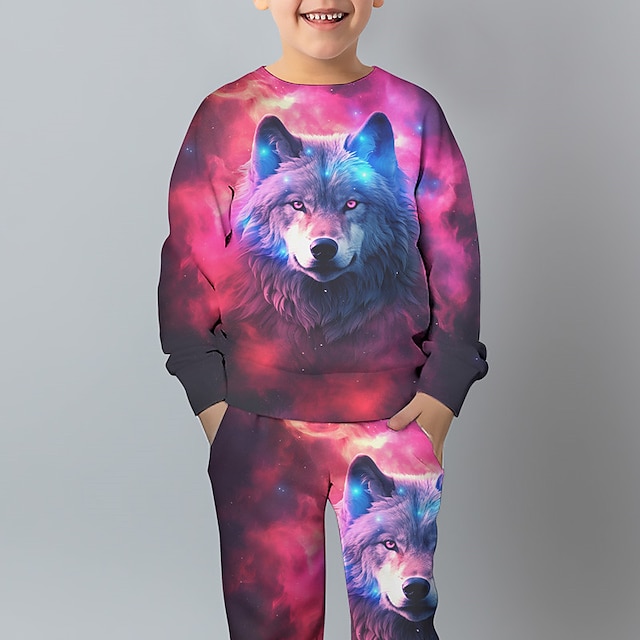  толстовка с 3d волком для мальчиков & Комплект штанов Galaxy с длинными рукавами и 3D-принтом, осень-зима, активная мода, крутой полиэстер, для детей 3-12 лет, с круглым вырезом, для улицы, для