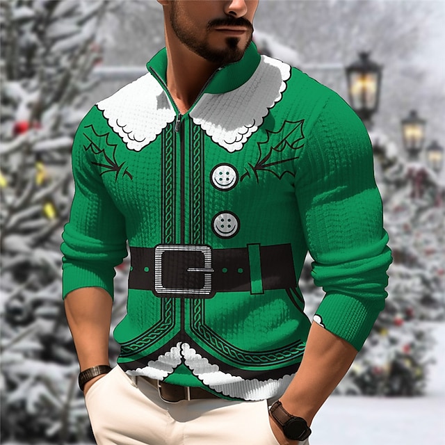 Santa Claus Casual Men's Zipper Knitting Print Pullover Sweater Jumper