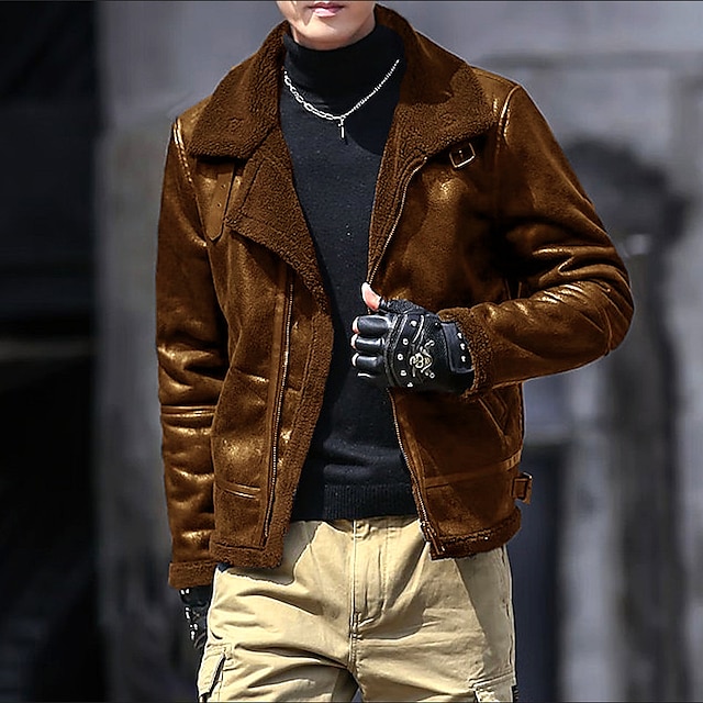 Men's Leather Jacket Fleece Jacket Outdoor Daily Wear Warm Zipper ...