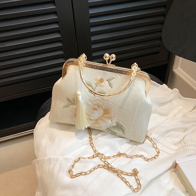  Women's Clutch Evening Bag Clutch Bags Polyester for Evening Bridal Wedding Party with Tassel Chain Embroidery in White