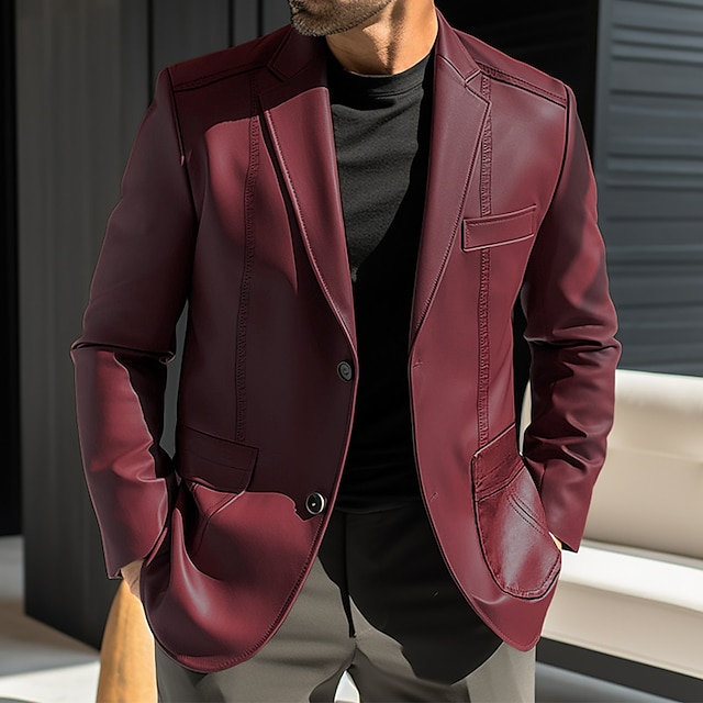  Men's Faux Leather Jacket Blazer Outdoor Vacation Daily Wear Fashion Streetwear Fall Winter Polyester Faux Leather Plain Buttons Pocket Windproof Warm Single Breasted Blazer Black Red Brown