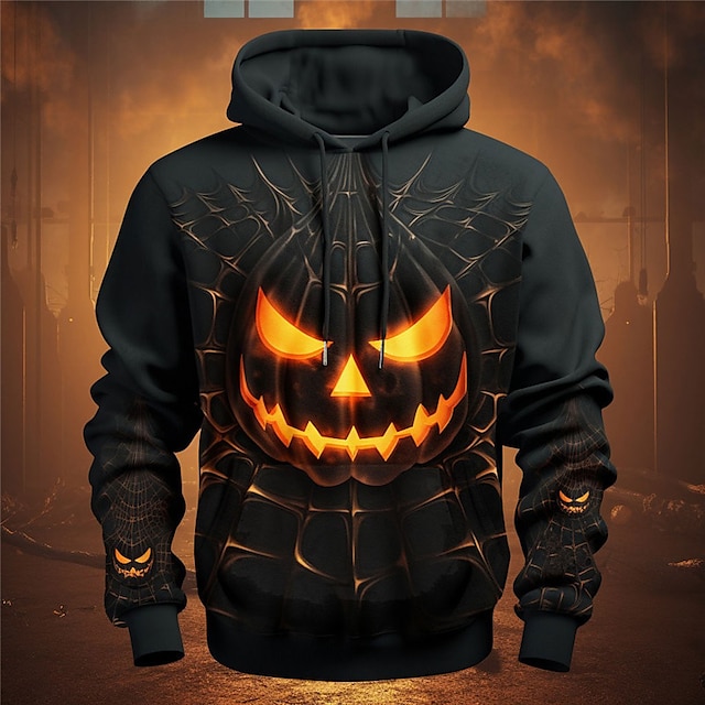  Halloween Mens Graphic Hoodie Pumpkin Prints Daily Classic Casual 3D Pullover Holiday Going Out Hoodies #1 #2 #3 Long Sleeve Hooded Black Cotton