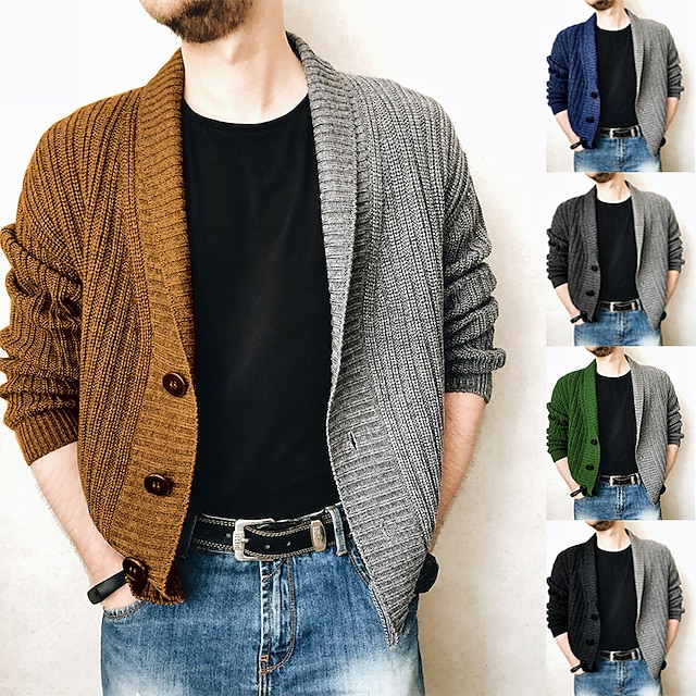  Men's Cardigan Sweater Fall Sweater Ribbed Knit Knitted Regular Open Front Color Block Daily Wear Going out Warm Ups Modern Contemporary Clothing Apparel Winter Black Brown S M L