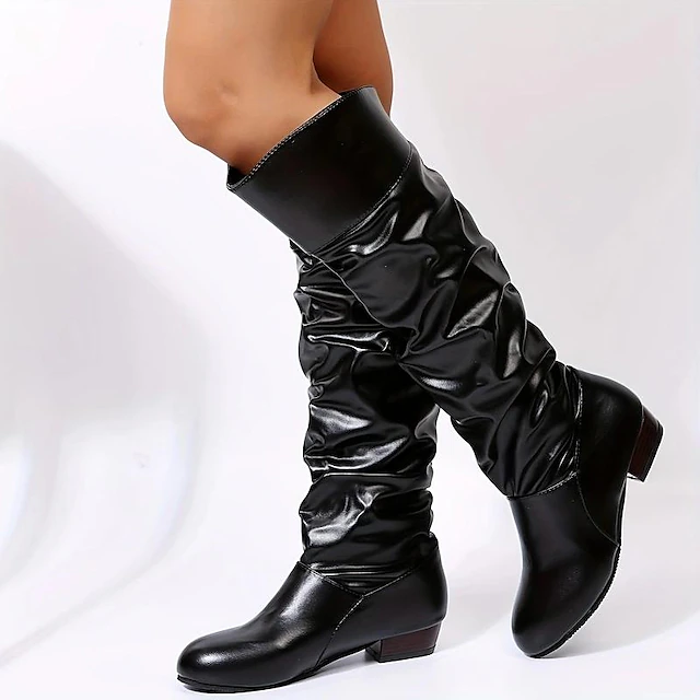 Women's Shiny Black Slouchy Knee-High Boots with Low Block Heel, Stylish Winter Footwear for Casual and Evening Outfits 6