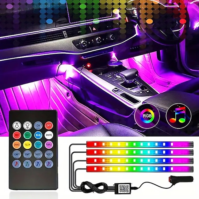  Luces LED de ambiente para interior de coche, barras de luces de control de aplicación inteligente, música multicolor, tira de luz debajo del tablero, 4 Uds.