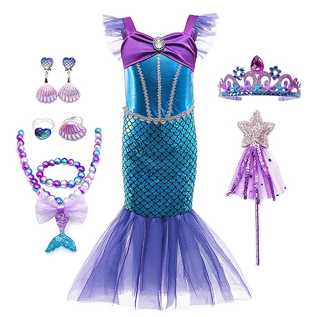  La sirenetta Sirenetta Coda da Sirena Aqua Princess Vestiti Costume da festa a tema Da ragazza Cosplay di film Cosplay Halloween Viola Halloween Carnevale Mascherata Abito Set di accessori