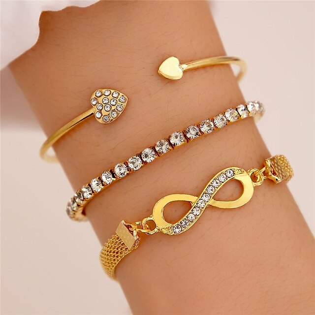 3pcs/set Cuff Bracelet Layered Sweet Heart Infinity Fashion Personalized Luxury Rhinestone Bracelet Jewelry Gold For Wedding Gift Daily Birthday Mother's Day 6