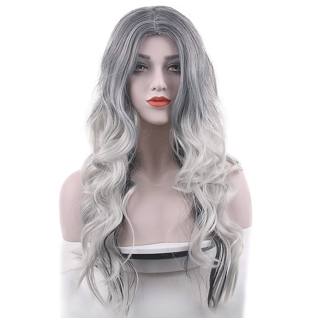  silvergrå kostym peruker för kvinnor halloween lockigt långt vågigt mode cosplay ombre svart mix grått hår peruker