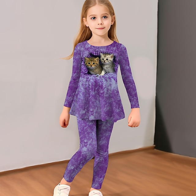  Dla dziewczynek 3D Zwierzę Kot T-shirt i legginsy Zestaw sukienek z falbaną Długi rękaw Druk 3D Jesień Zima Aktywny Moda Codzienny Poliester Dzieci 3-12 lat Na zewnątrz Randka Urlop Regularny