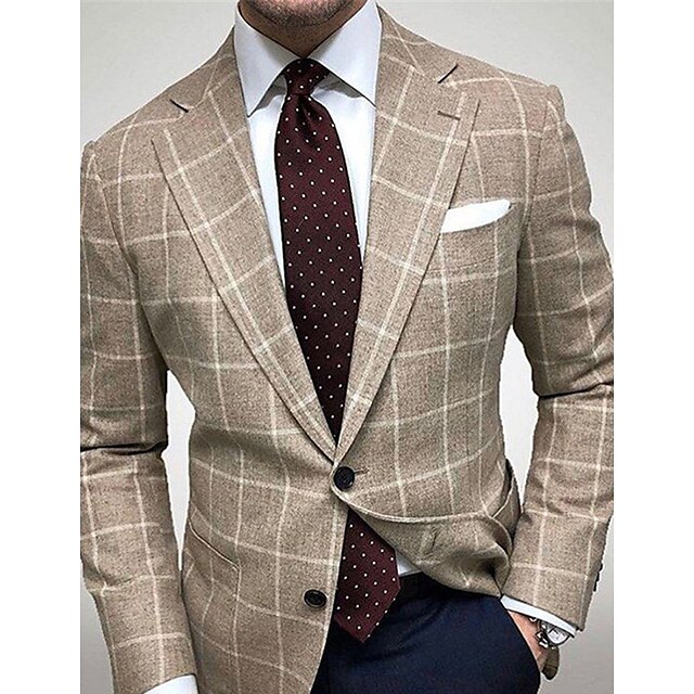  Men's Suits Blazer Formal Evening Wedding Party Birthday Party Spring &  Fall Fashion Casual Plaid / Check Polyester Casual / Daily Pocket Single Breasted Blazer Brown