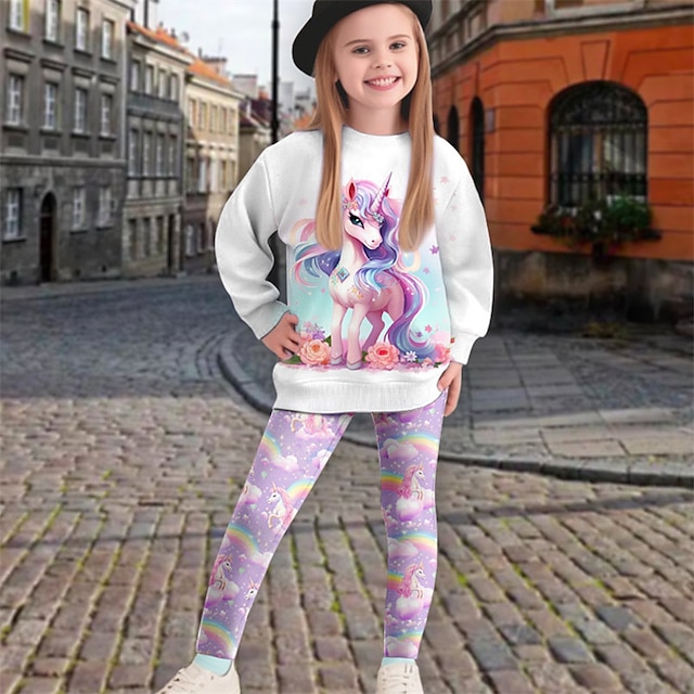  Girls' 3D Unicorn Sweatshirt & legging Set Long Sleeve 3D Print Fall Winter Active Fashion Daily Polyester Kids 3-12 Years Crew Neck Outdoor Date Vacation Regular Fit