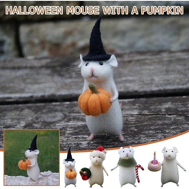 Halloween Mouse with Pumpkin, Christmas Mouse with a Gift,Cute Felt Mouse Ornament Needle Felting Mouse, Birthday Mouse, Needle Felting Kit, No Finished DIYKit Pack, Needle Felting Miniature 14