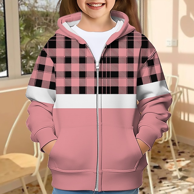  Девочки 3D В клетку Толстовка Пальто Верхняя одежда Розовый Длинный рукав 3D печать Осень Зима Активный Мода Симпатичные Стиль Полиэстер Дети 3-12 лет на открытом воздухе Повседневные Стандартный