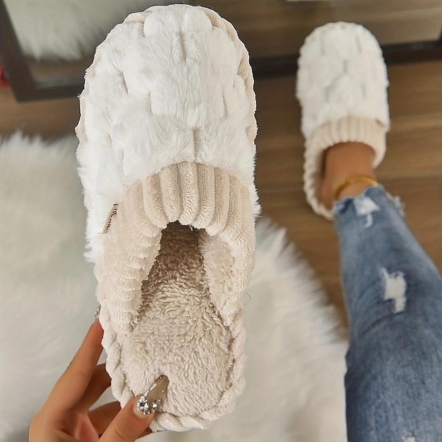  Women's Slippers Fuzzy Slippers Fluffy Slippers House Slippers Indoor Shoes Daily Indoor Solid Color Winter Flat Heel Round Toe Casual Comfort Minimalism Faux Fur Loafer White Pink Green