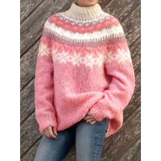  Women's Pullover Sweater Jumper Jumper Ribbed Knit Oversized Stand Collar Striped Outdoor Christmas Stylish Casual Fall Winter Pink S M L