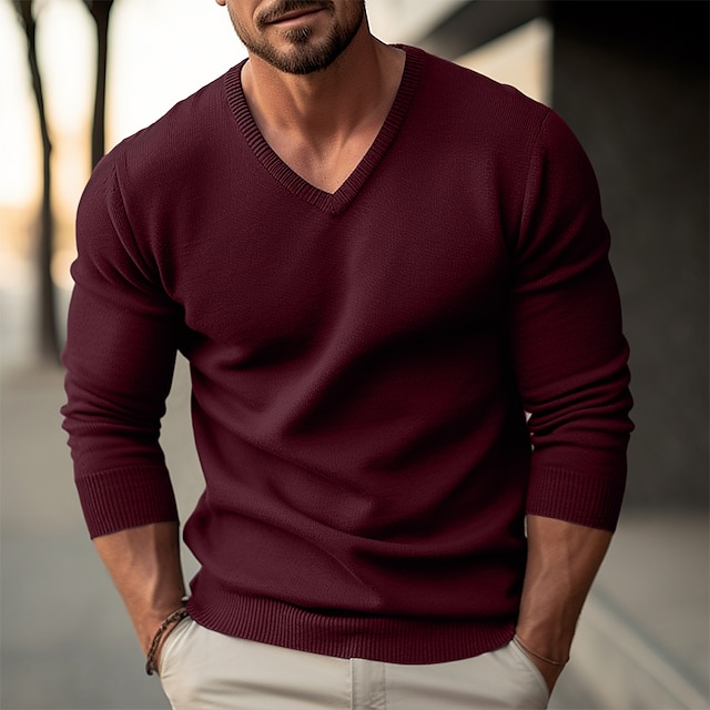  Men's Wool Sweater Pullover Sweater Jumper Ribbed Knit Regular Knitted Slim Fit Plain V Neck Modern Contemporary Xmas Work Clothing Apparel Winter Black Red S M L