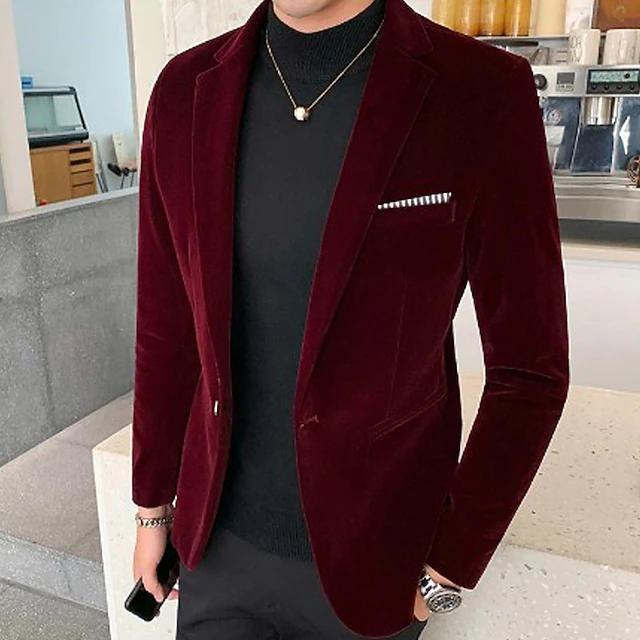 Men's Corduroy Jacket Blazer Business Cocktail Party Wedding Party Fashion Casual Fall / Winter Polyester Velvet Plain Pocket Buttons Casual / Daily Single Breasted Blazer Black Burgundy Blue Dark 10