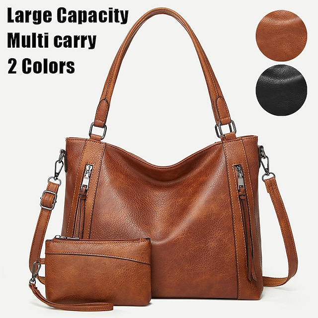  Women's Crossbody Bag Tote Bag Set Hobo Bag PU Leather Outdoor Daily Holiday Zipper Large Capacity Waterproof Lightweight Solid Color Zipper version brown Zipper version black Zipper version black