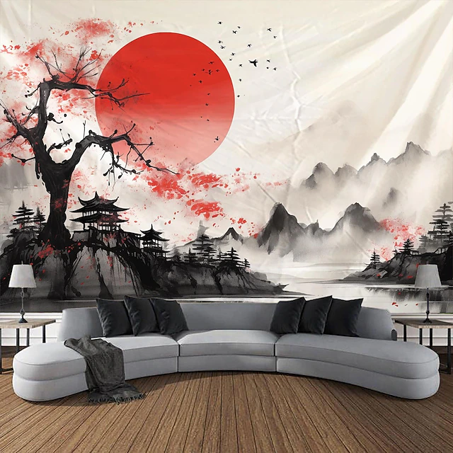 Watercolor Landscape Hanging Tapestry Chinese Style Wall Art Large Tapestry Mural Decor Photograph Backdrop Blanket Curtain Home Bedroom Living Room Decoration 17
