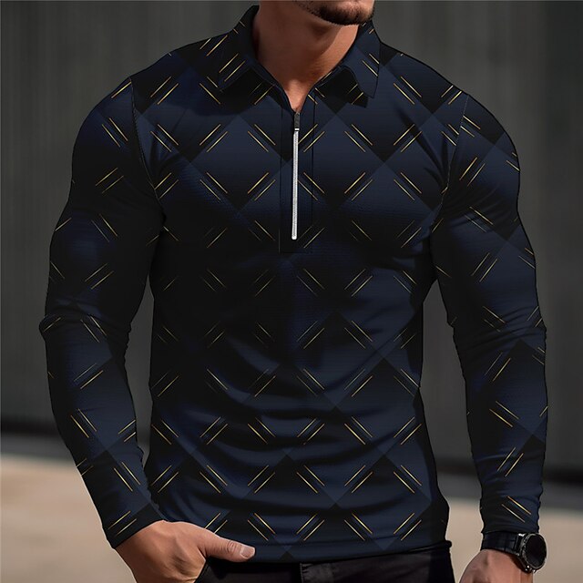  Geometry Abstract 3D Print Men's Outdoor Casual Daily Streetwear Zip Polo Golf Polo Long Sleeve Turndown Zip Polo Shirts Black Navy Blue Claret-red Fall & Winter S M L Lapel Polo