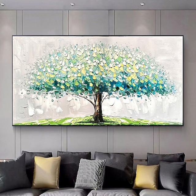  Handmade Hand Painted Oil Painting Wall Art Huge Green Oil Painting of Happy Tree Symbolizing Vibrancy and Vitality Decor Rolled Canvas No Frame Unstretched