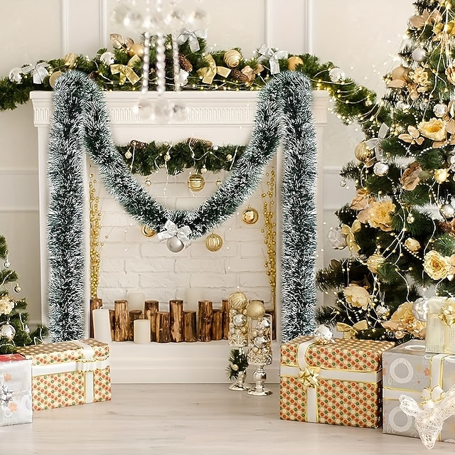  3 قطع من شرائط الصوف باللون الأخضر الصنوبري لشجرة الكريسماس، أشرطة معدنية بيضاء ثلجية، إكليل معدني أخضر، مستلزمات العطلات