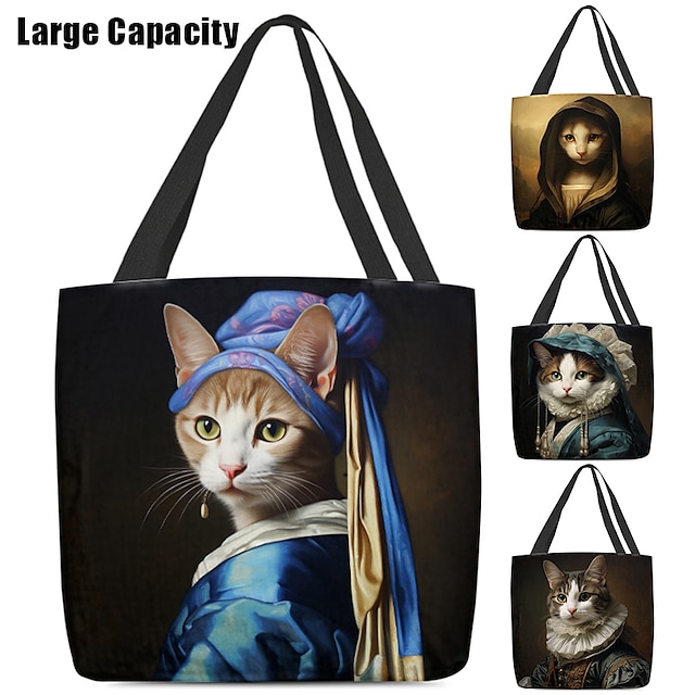  Women's Tote Shoulder Bag Canvas Tote Bag Polyester Shopping Holiday Print Large Capacity Foldable Lightweight Cat 3D Rainbow