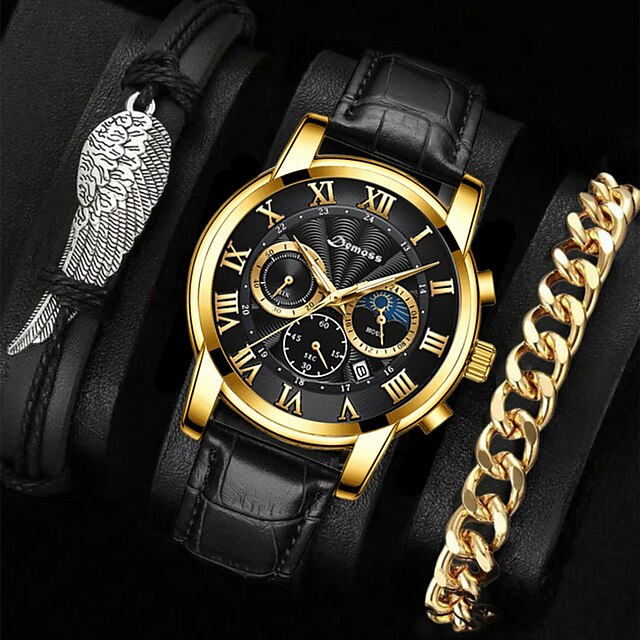  Men Quartz Watch Retro Vintage Luxury Digital dial Three Time Zones LED Back Light Waterproof Leather Watch