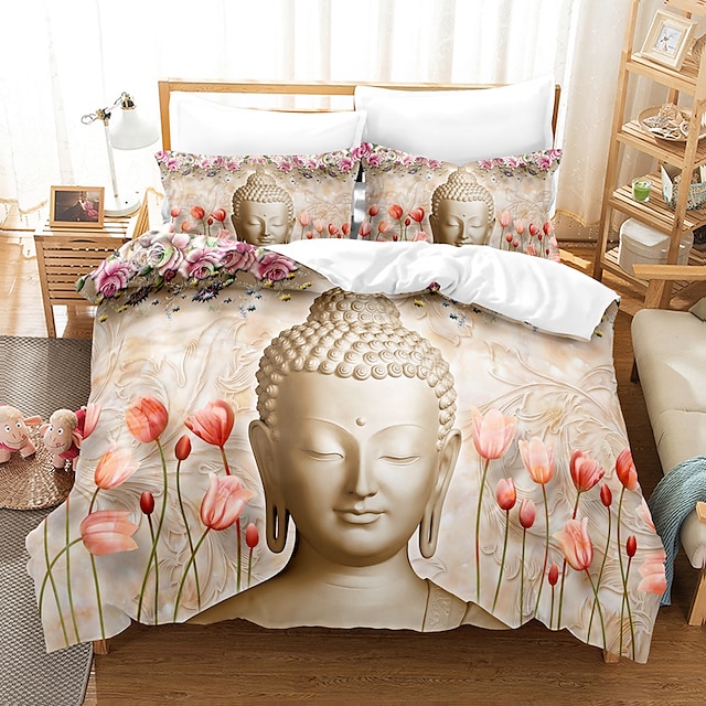  Bettbezug mit Buddha-Musterdruck, Bettwäsche-Sets, Bettdeckenbezug mit 1 bedruckter Bettbezug oder Bettdecke, 2 Kissenbezüge für Doppelbett/Queen/King