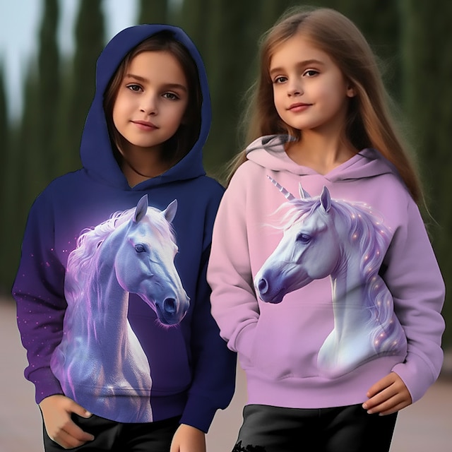  3D-Einhorn-Kapuzenpullover für Mädchen, langärmelig, Landschaft, 3D-Druck, Herbst, Winter, aktiv, modisch, niedlich, Polyester, Kinder 3–12 Jahre, draußen, lässig, täglich, normale Passform