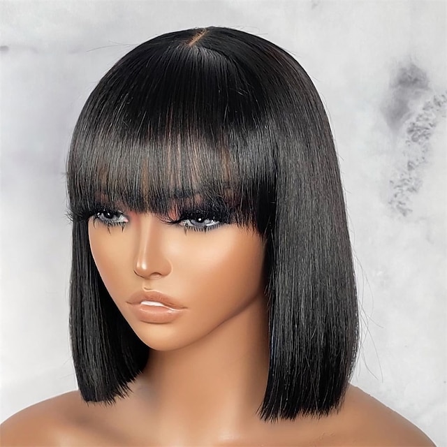 10 Inch Short Black Bob Wig with Bangs Human Hair Yaki Straight Bang