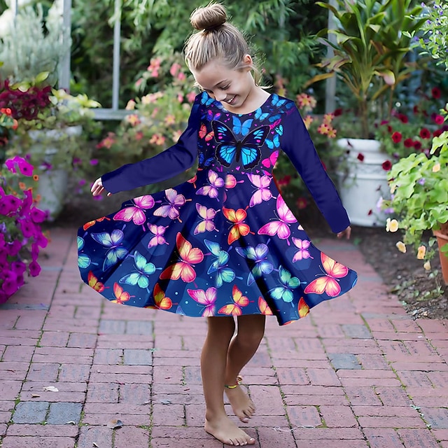  Платье для девочек с 3D-бабочкой и длинным рукавом с 3D-принтом на осень и зиму, виды спорта & Милое повседневное красивое повседневное платье для детей от 3 до 12 лет на открытом воздухе, платье