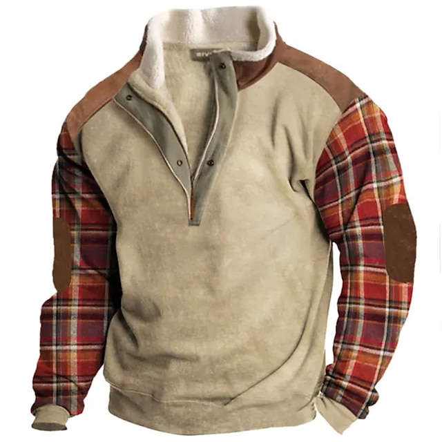 Men's Sweatshirt Quarter Zip Sweatshirt Khaki Half Zip Plaid Color ...