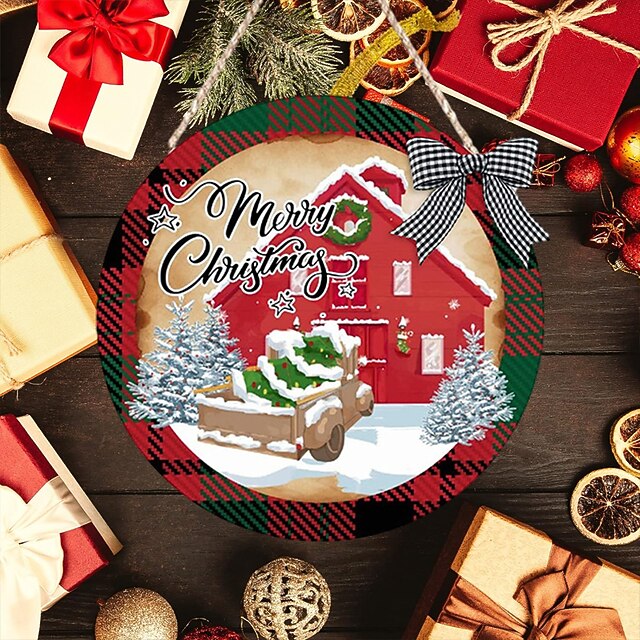 Christmas Wood Wall Sign, Wooden Pattern Round Plaque Sign Wall Decor