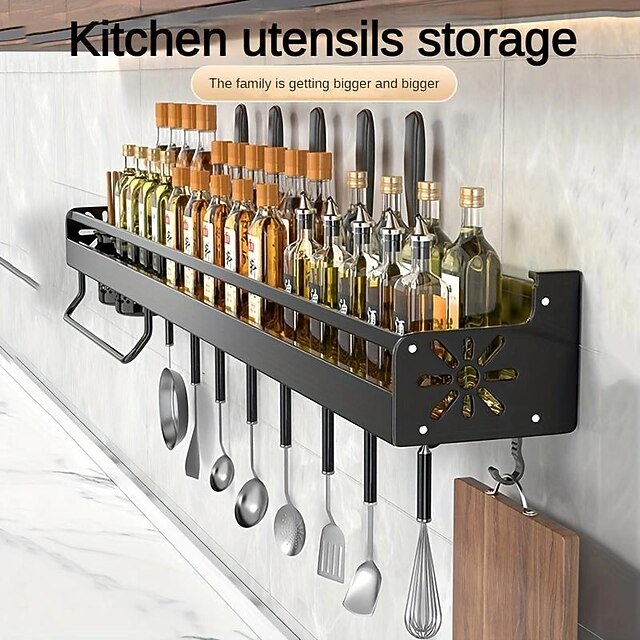 1pc Seasoning Rack With Hook, Kitchen Storage Rack, Multifunctional Household Wall-mounted