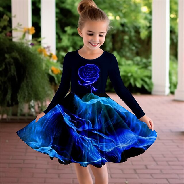 Girls' 3D Rose Dress Long Sleeve 3D Print Fall Winter Vacation Sports & Outdoor Daily Cute Casual Beautiful Kids 3-12 Years Casual Dress A Line Dress Above Knee Regular Fit 11