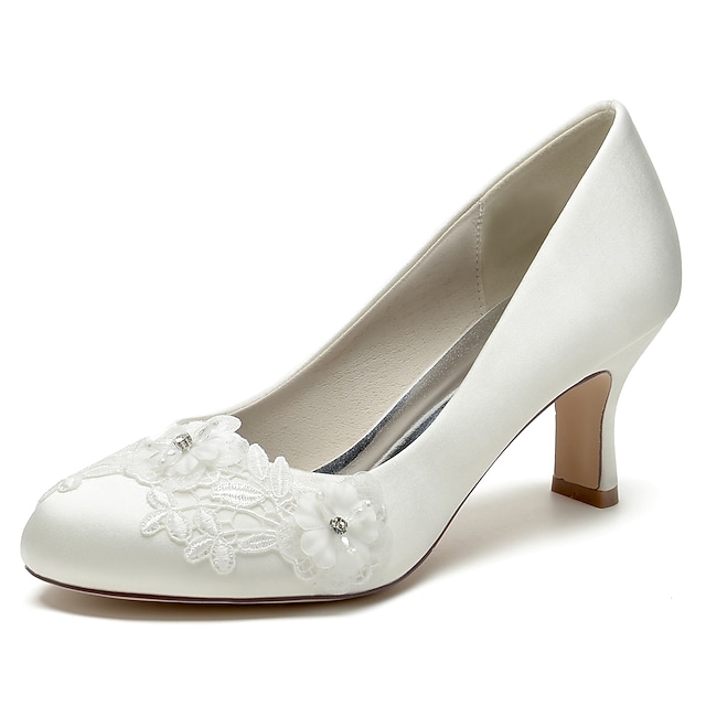  bryllup sko til brud brudepige kvinder lukket tå rund tå hvid elfenben satin pumps med blonder blomst killing hæl lav hæl bryllupsfest aften elegant klassisk