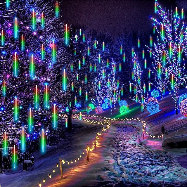  Weihnachtsbeleuchtung für den Außenbereich, Meteorschauer-Lichter, Sternschnuppen-Lichter, 30 cm/50 cm/80 cm, 8 Röhren, LED-Eiszapfen-Schneelichter, Regentropfen-Lichter für Weihnachtsbaum, Halloween,