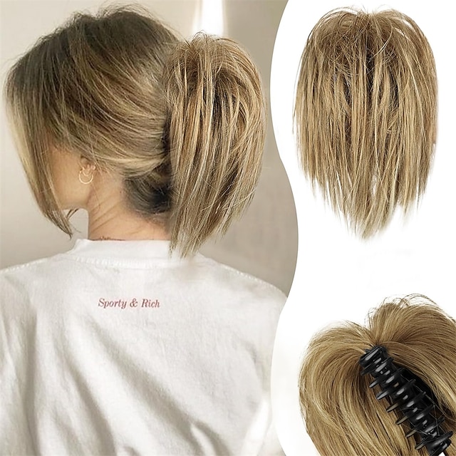  Claw Clip Messy Bun Hair Piece Short Straight Hair Ponytail Bun Extensions Blonde Hair Bun Synthetic Claw Clip on Hairpieces Fake Hair Bun Extensions for Women Girls-Blonde