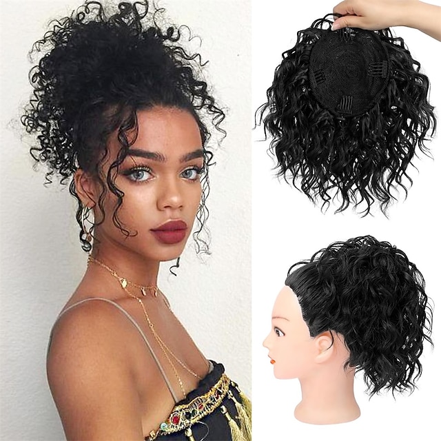  Coque bagunçado pedaço de cabelo com cordão elástico 8 cachos soltos extensões de cabelo coque topper de cabelo sintético coque para mulheres rabo de cavalo curto encaracolado - preto natural